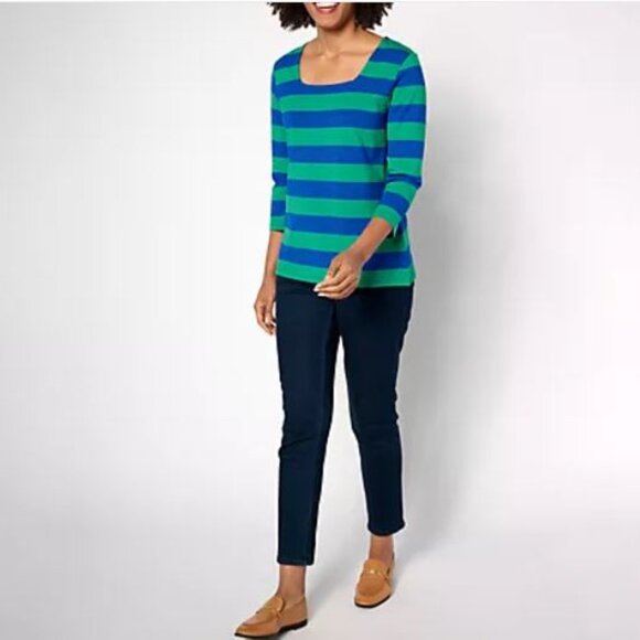 Isaac Mizrahi Live! Essentials Yarn Dye Stripe or Solid Top-Navy Strip, Medium - Picture 3 of 4